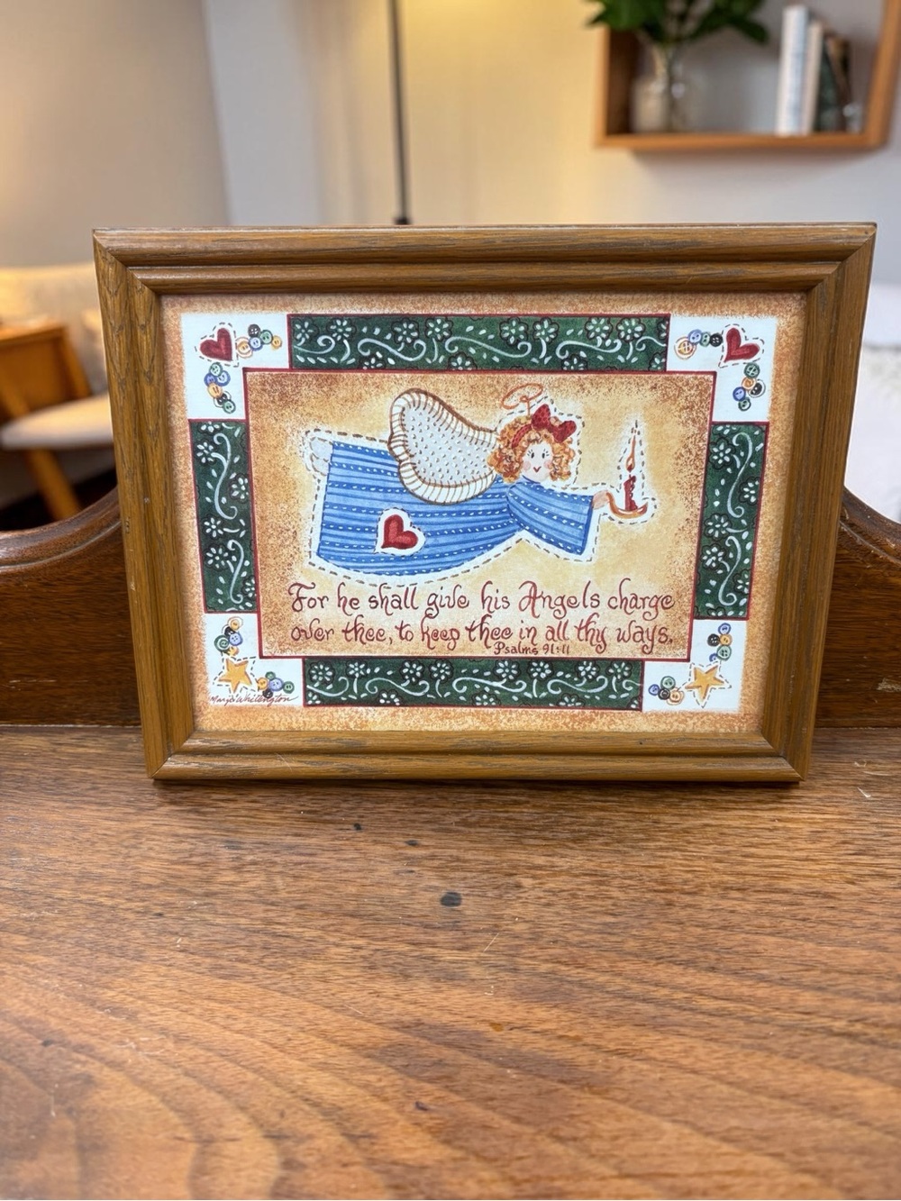 Vintage Margie Whittington Angel Psalm 91:11 Charles Humprey Framed Folk Art EUC